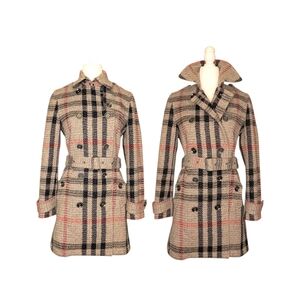 Burberry Brit Nova Check Plaid Double Breasted Wool Trench Coat Tan Navy 6 | S